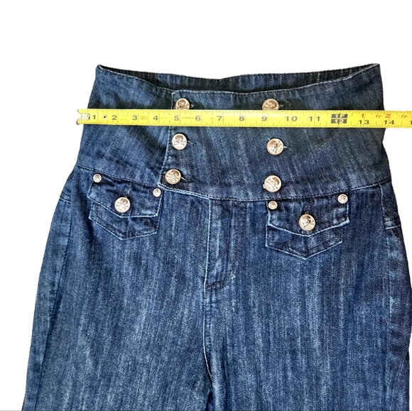 Vintage Y2K YNQ Ultra-High Rise Dark Wash Goth Flare Skull Jeans / Size 9 - Picture 6 of 10